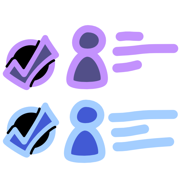 An image with light line art shows two rows of elements, the first row is purple, the second blue. Each row has a black circle with a checkmark on it, a figure, and a set of 3 lines. 